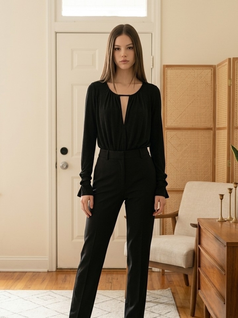 Free People Black Long-Sleeve Keyhole Bodysuit
